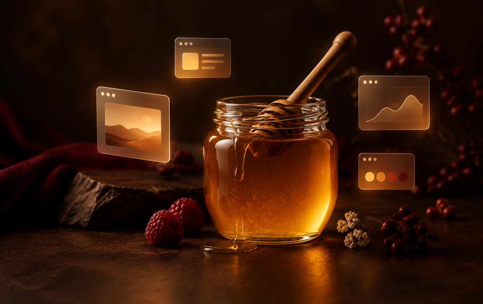 A jar of honey surrounded by glowing app windows